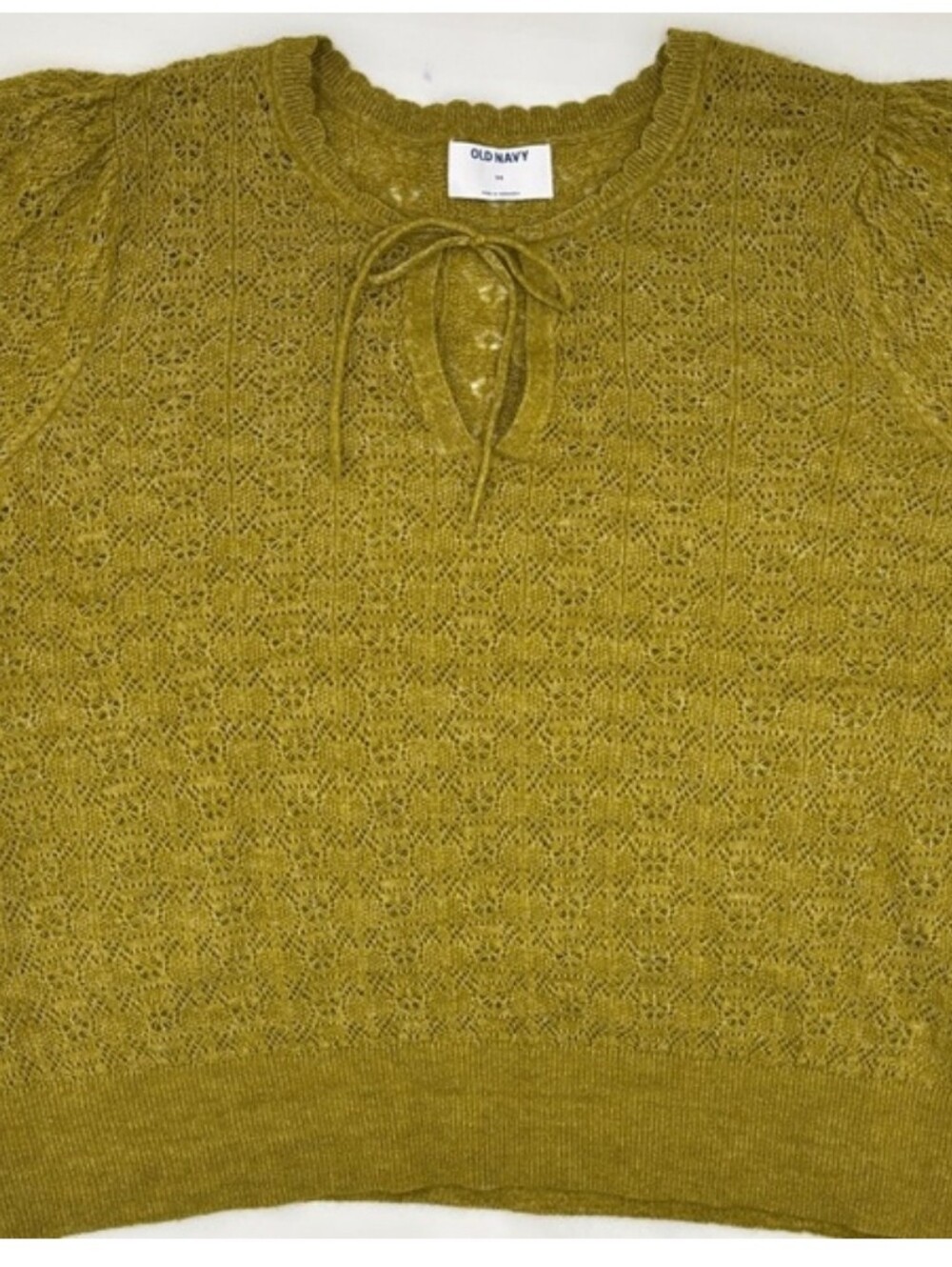 Old Navy Wool-Blend Puff-Sleeve Tie Neck Sweater in Mountain Olive